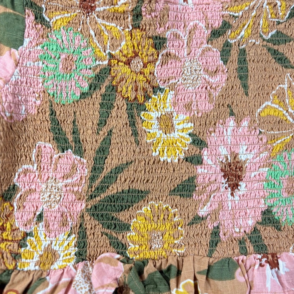 Roxy Crop Top Women Large Tan Floral Smocked Off Shoulder Ruffle Hem Long Sleeve - Picture 7 of 7